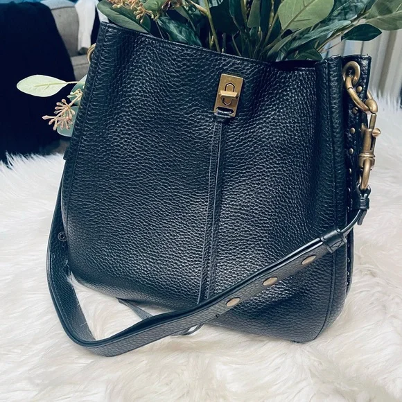 Rebecca Minkoff Black Pebbled Leather Darren Brass Studded Hobo - Picture 5 of 16